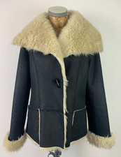 Libra Shearling Coat Jacket 12 Black Faux Suede Shell Faux Fur Lined Horn Button