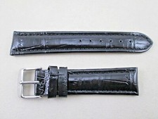 20mm black genuine leather crocodile grain watch band stitched  padded shiny