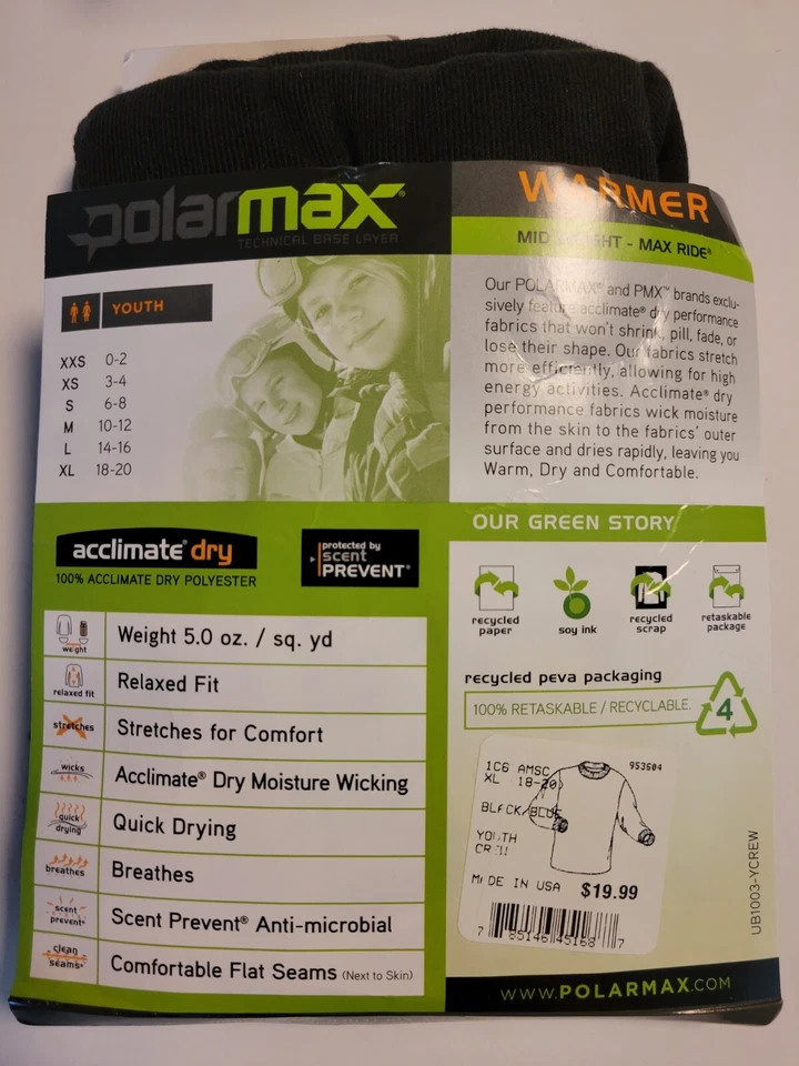 Polarmax Youth Top Size XL Technical Base Layer Mid Weight Warmer Black USA Made - Image 4 of 4