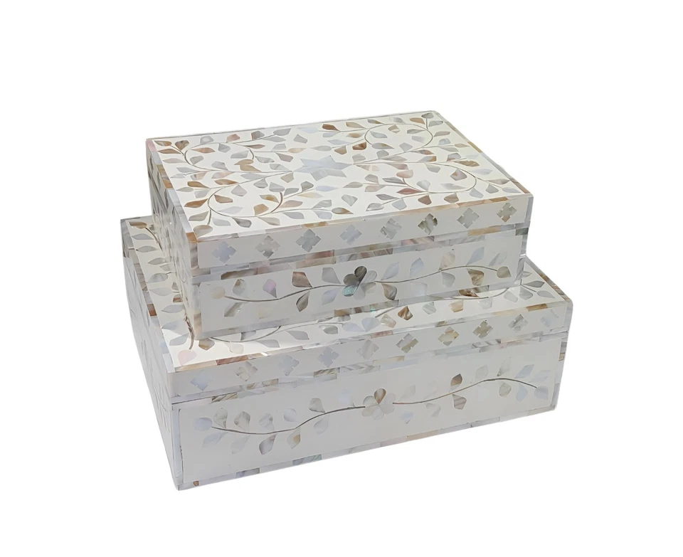 Set Of 2 Mother of Pearl Inlay Decorative Box Set – Handmade Jewelry Boxes - Image 4 of 4