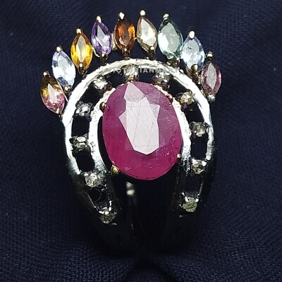 Ruby Ring Tourmaline Diamond 925 Sterling Silver Wedding Ring Fine Jewelry