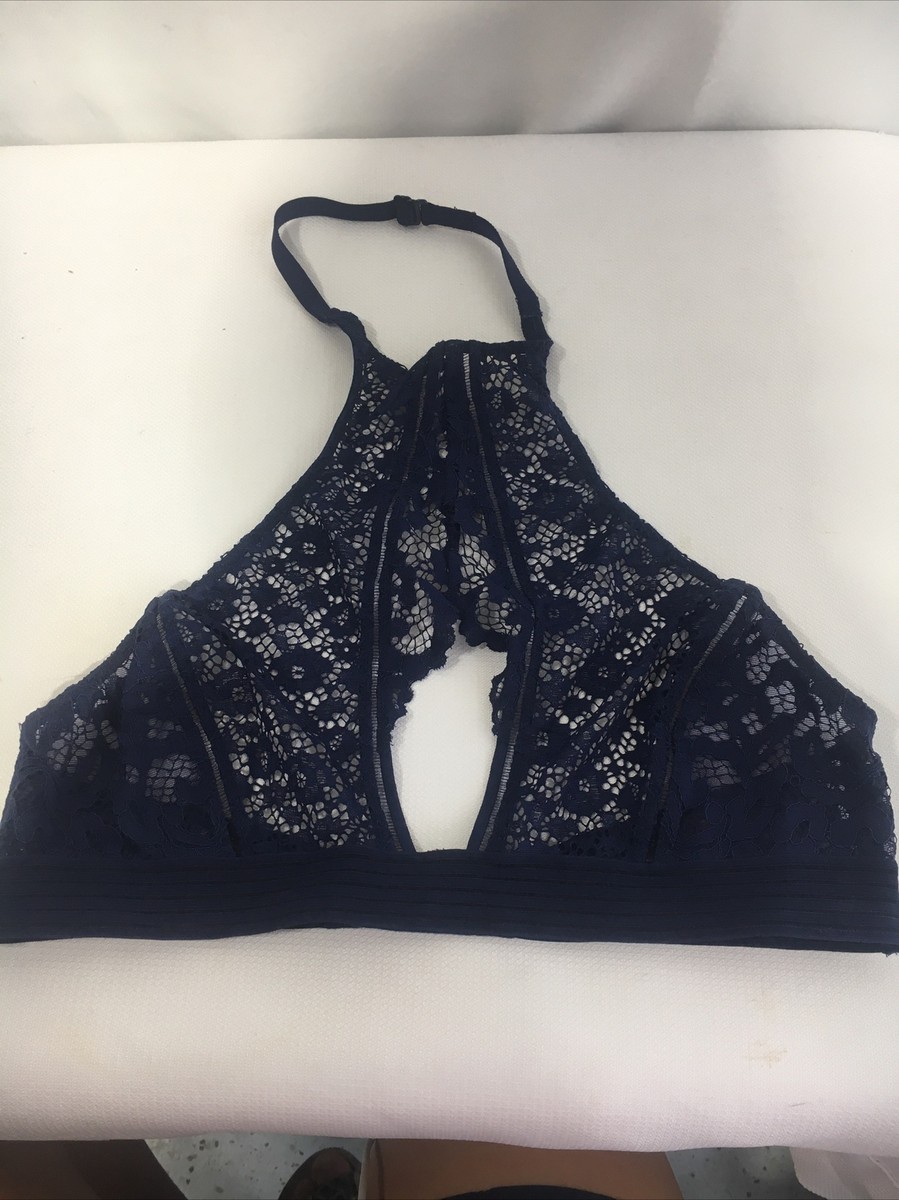 Victoria Secret Lace Bralette sz M Navy Blue Halter Wireless Bra