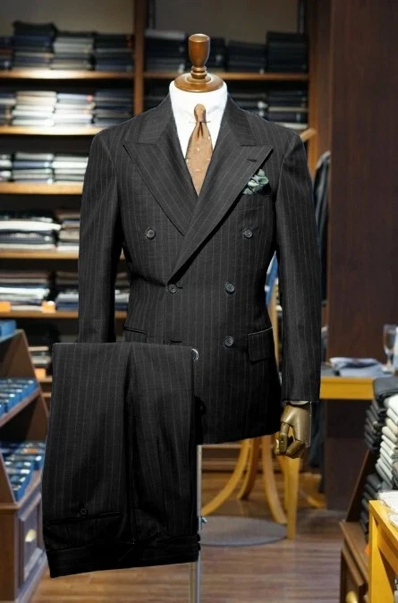 条纹男式西装峰翻领双排扣正式商务婚礼新郎 2 件 — 第 4/4 张图片