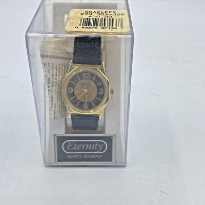 Vintage Eternity Watch Gold Tone Quartz Black Leather Band Octagon Shape NOS