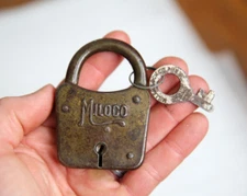 Vintage Antique Miller Padlock steel shackle Lock w/ key old trunk tool box case