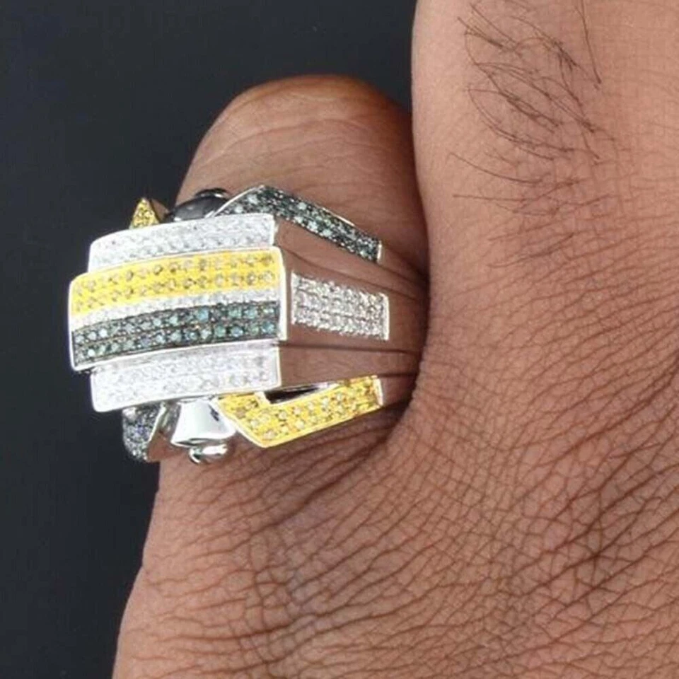 Anillo redondo de 2 quilates con diamantes azules amarillos y blancos enchapados en oro blanco de 14 quilates pavé meñique para hombre Foto 3 de 4