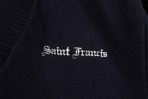 Vintage 90s Boys Large Spell Out Saint Francis Knit V-Neck Sweater Navy Blue USA - Picture 4 of 8