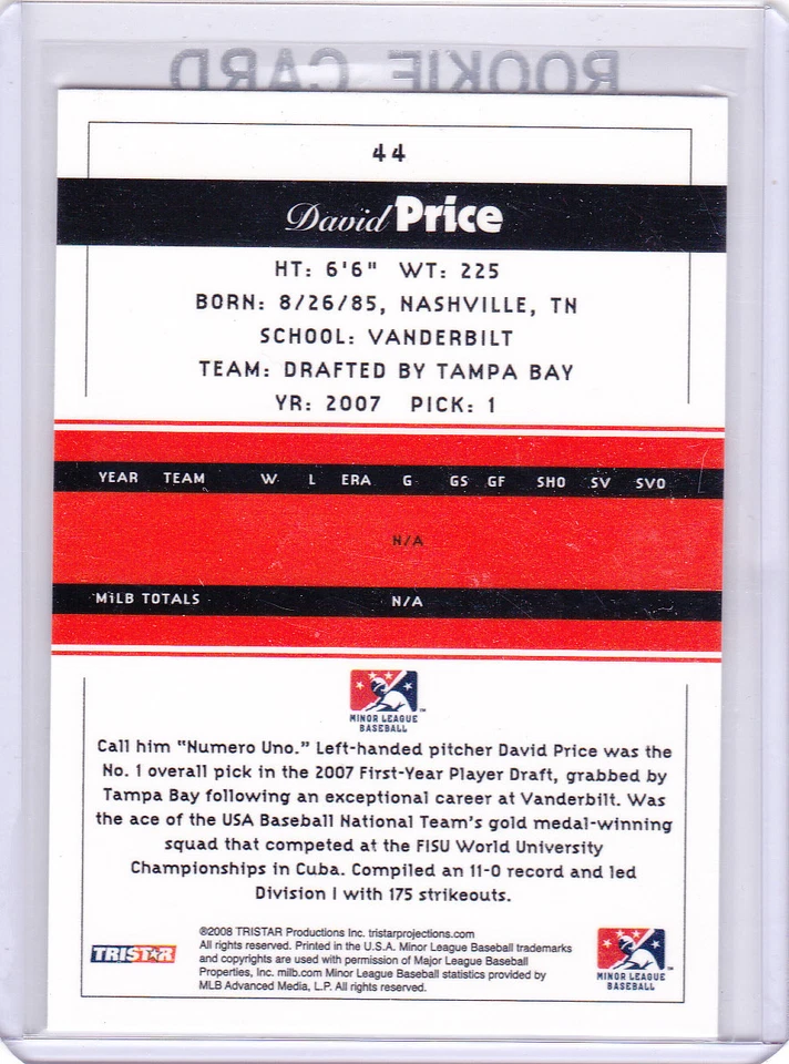 КАРТОЧКА НОВИЧКА DAVID PRICE TriStar Projections 2008 малая лига RC Boston Red Sox - Изображение 2 из 2