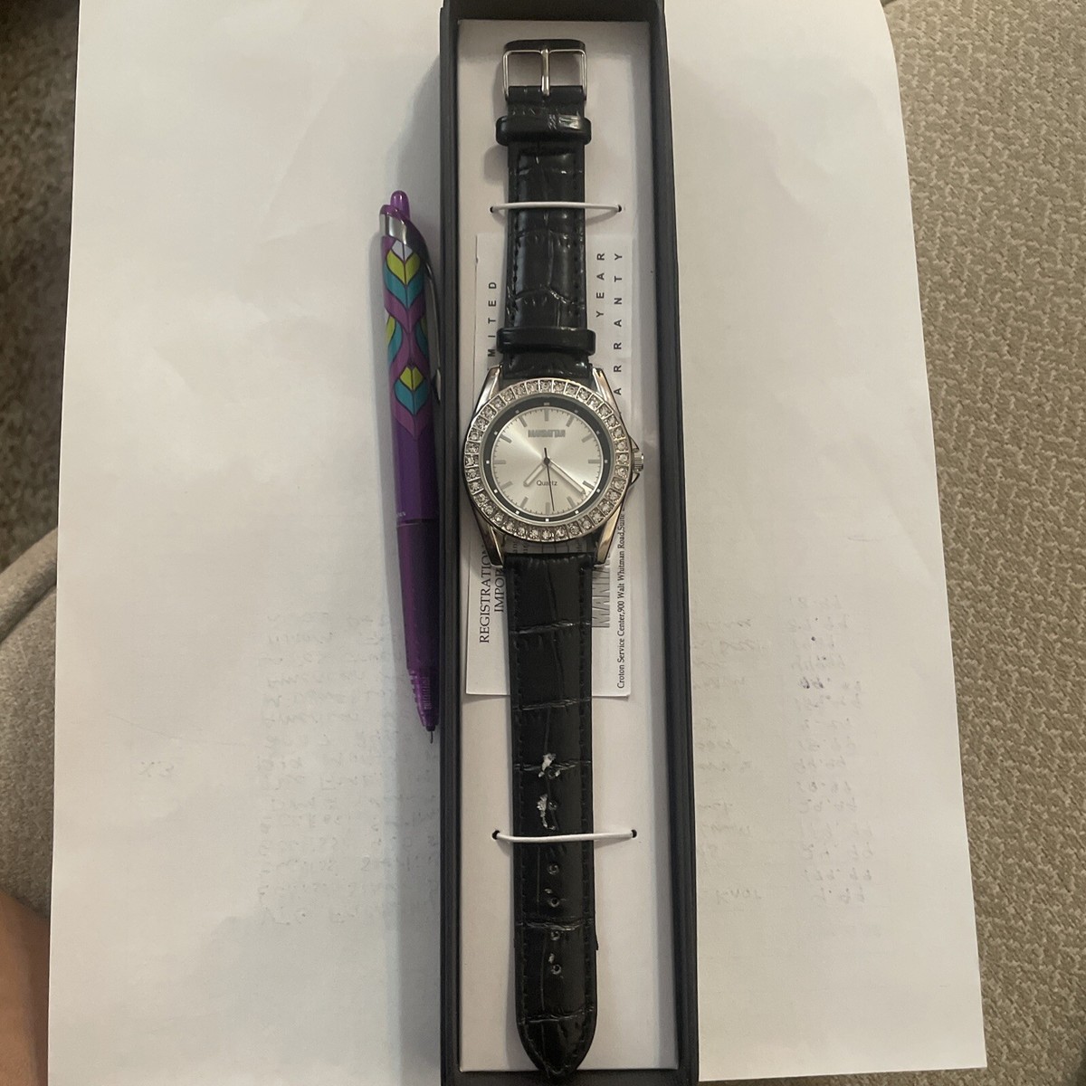 Working! Manhattan by Croton Rhinestone Embossed Genuine Leather Band Watch Manhattan Quartz Watch by Croton | Silver-tone Gemstone  main image 2