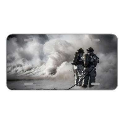 Custom License Plate With Two Firefighters Putting Out Cloudy Smoke Fire