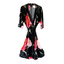 EVA VARRO Dolman Wrap Dress Women's Size Large Black Red Floral Print Form-Fit