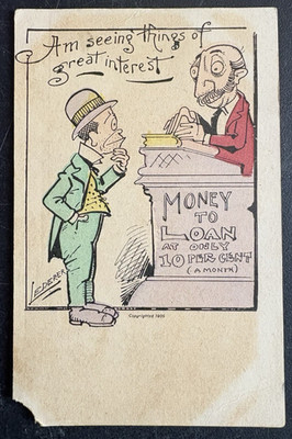 vtg postcard Am seeing things of great interest Lederer 1909 man at bank money