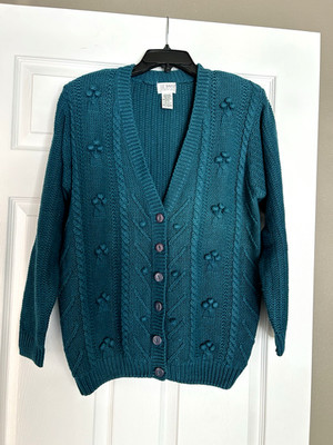 Liz Baker Essentials (Med 8-10) V-Neck Dark Blue Green Cardigan Sweater