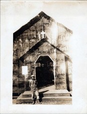 WW2 Photo of Soldier at Palm Frond Chapel with Cross and Steps