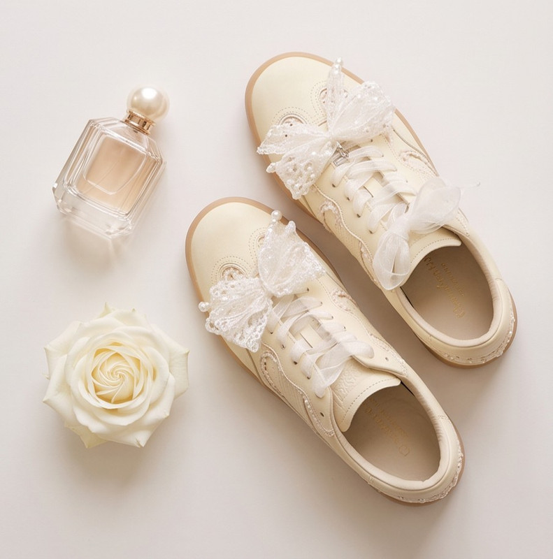 Mi.iM Ivory Leather Lace-up Bridal Sneakers w/removable Lace And Pearl Bows Sz 9
