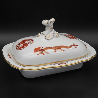 20 cm - Meissen 1. Wahl Butterdose Neuer Ausschnitt Hofdrache Rot 355