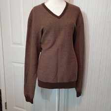 Jos A Bank Reserve Mens V-neck Long Sleeve Wool Sweater Size L Brown Chevron EUC