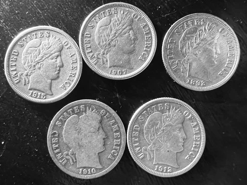 [Lot of 5] Barber Dimes - 90% Silver - Ungradef