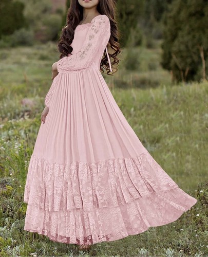 Girls Pink Maxi Dress Square Neck Long Sleeve Lace Ruffle Fit & Flare Pockets 6Y