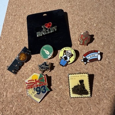 Vintage Enamel Pin Lot Bowling Ski Train Ballet Piano Novelty Pins