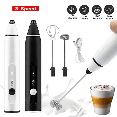 USB Rechargeable Electric Milk Frother - 3-Speed Quiet Frother Wand for Latte