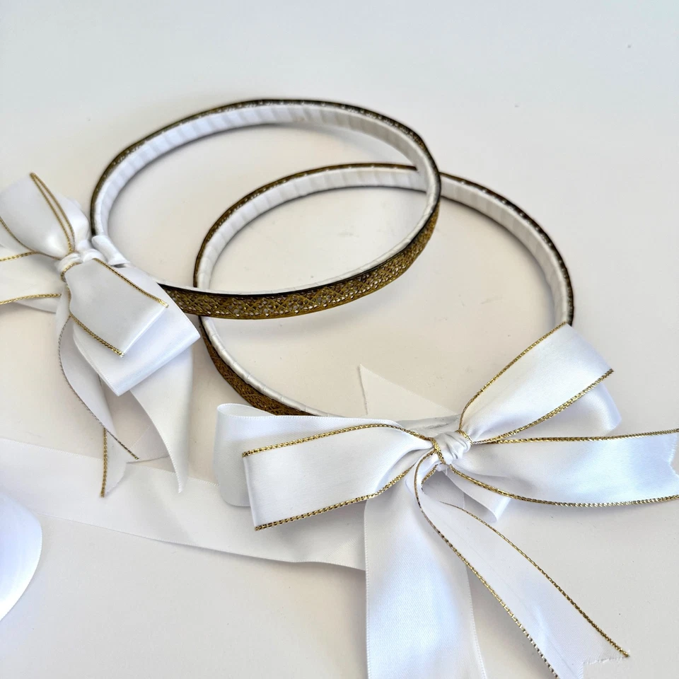 Eastern Orthodox Wedding Crowns Gold with White Ribbon - Metal Cross Stefana  - Image 2 of 4