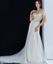 Beaded Wedding Dresses Party Off Shoulder Sleeveless Prom Dress Court Train Gown