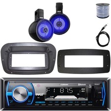Pyle Single-DIN Marine Receiver W/Kit  Adapter Plate, 2x 8" LED Blue Speakers