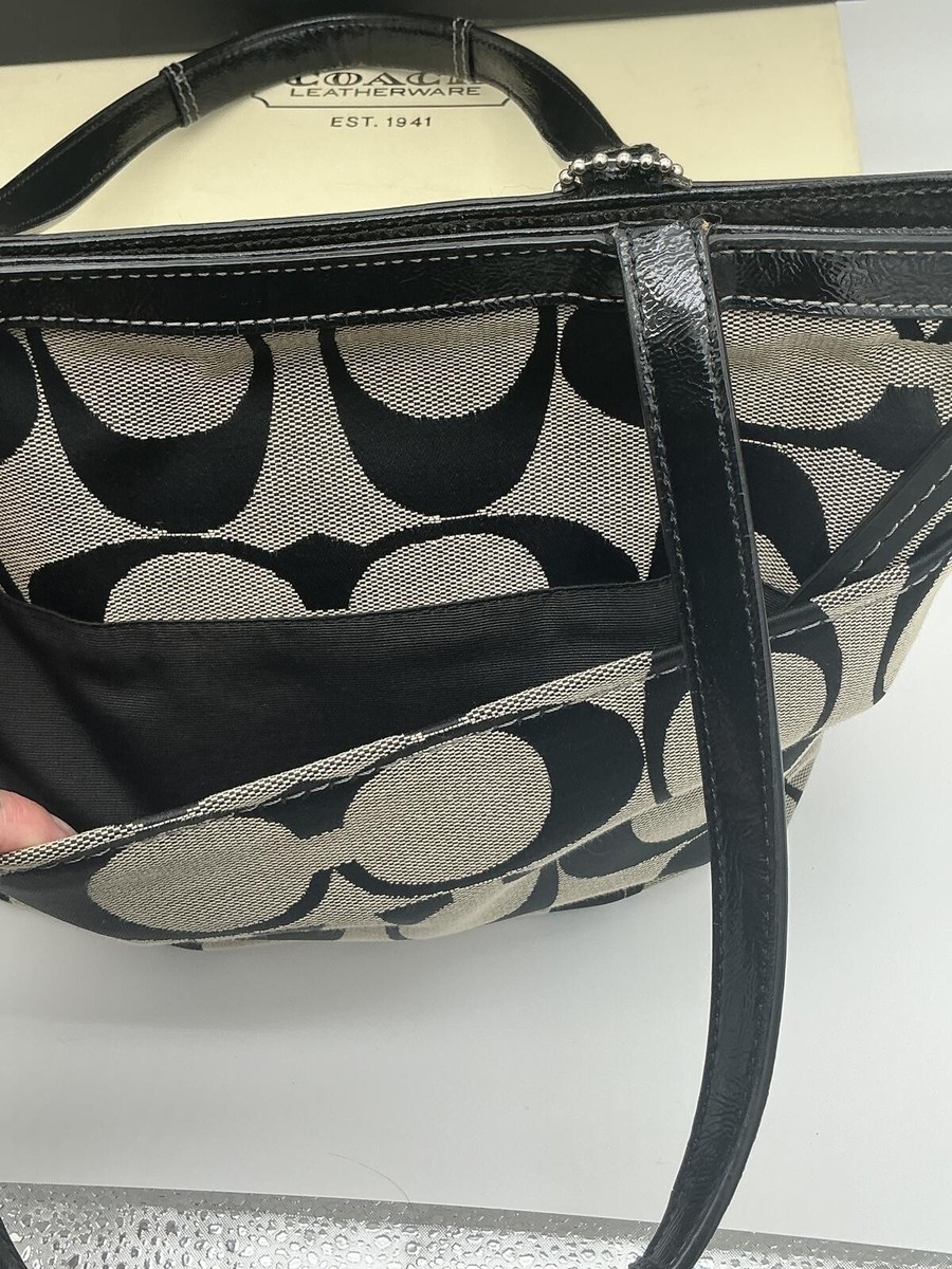 Classic Coach Signature Tote Bag Black Beige Canvas Leather Zip