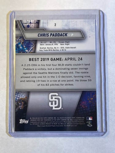 Tarjeta de novato Bowman's Best Purple Refractor 2019 #ed/250 - Chris Paddack #2 (RC) - Imagen 2 de 2