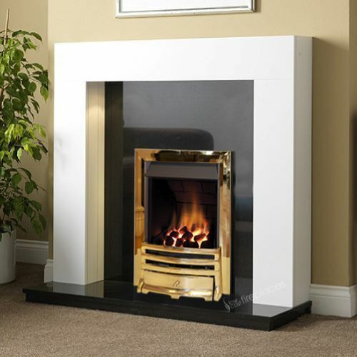 GAS WHITE SURROUND COAL BLACK GRANITE STONE BRASS FIRE FIREPLACE SUITE LARGE 54" - Picture 1 of 2