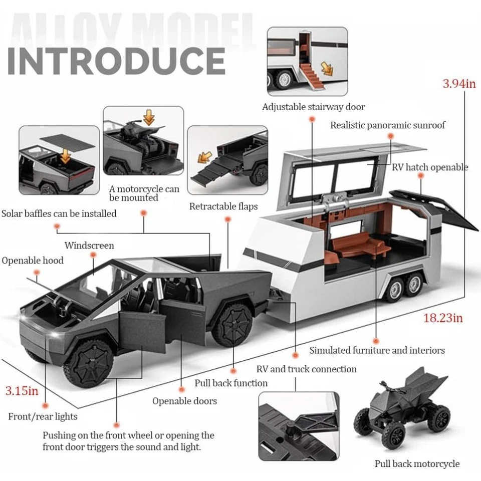 Casa rodante Tesla Cybertruck 1/24 modelo de metal fundido a presión remolque camioneta juguete Foto 3 de 4