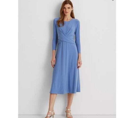 NWT Lauren Ralph Lauren Three-Quarter-Sleeve Jersey Dress SZ-0 Blue - Picture 2 of 7
