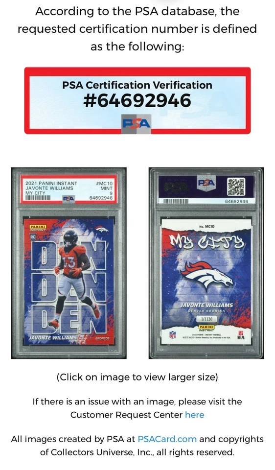 2021 PANINI INSTANT JAVONTE WILLIAMS ROOKIE MY CITY BRONCOS #MC10 RC PSA 9 POP 1 - Image 3 of 4