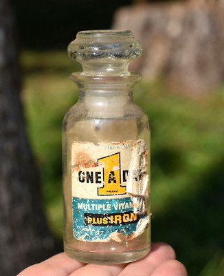 Vintage One A Day Vitamin Bottle W Glass Stopper Found At Abandoned Silver Mine