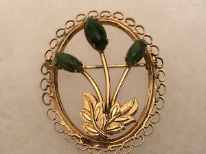 Vintage Golden Filigree Jade Flower Pin
