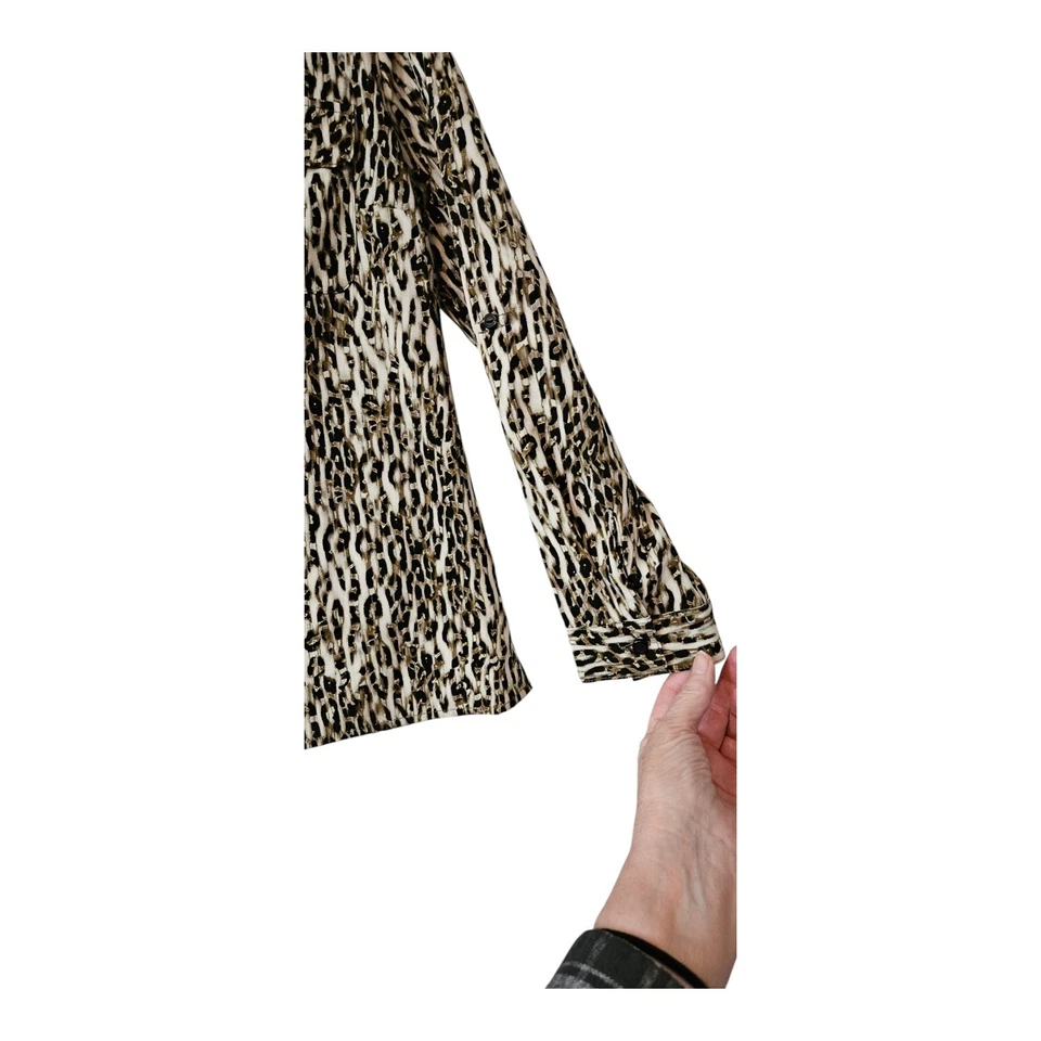 NY Collection Womens P/L Top Shirt Blouse Black Brown Leopard Roll Tab Button - Image 3 of 4