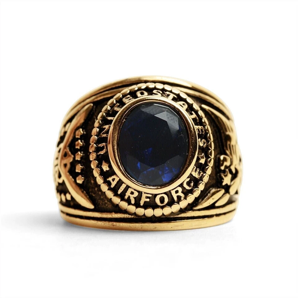 Anillo Aggie de la Fuerza Aérea de los Estados Unidos de zafiro ovalado de 2 quilates acabado de oro amarillo de 14 k Foto 3 de 4