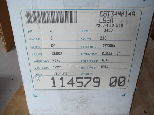 NEW IN BOX LEESON C6T34NK14A AC MOTOR 3 H.P. / 3450 RPM / CAT# 114579.00