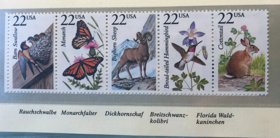 USA 1987 5er-Streifen Tiere Schwalbe Monarch Schaf Kolibri Hase postfrisch - Bild 1 von 1