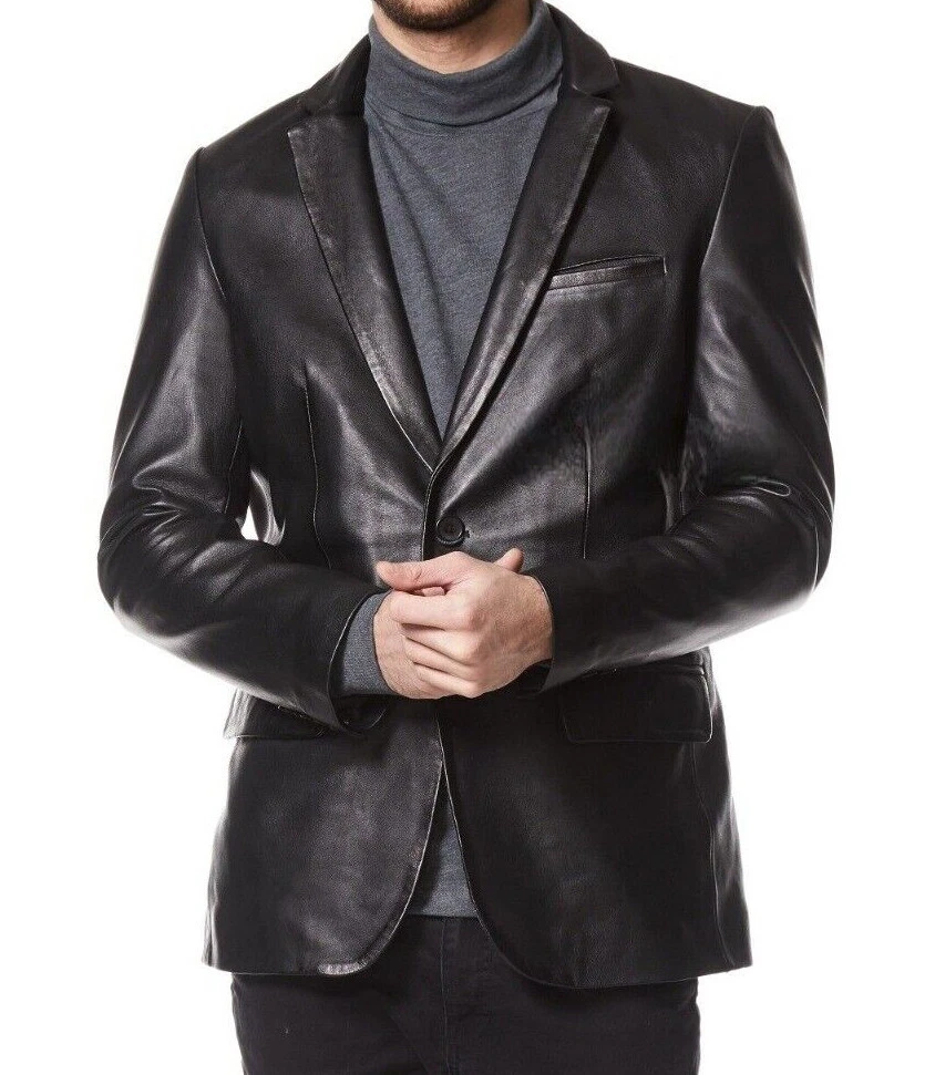 Men's Leather Blazer Black Classic Soft REAL LEATHER Stylish Causal Wear Blazer