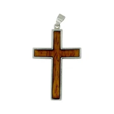 925 Solid Sterling Silver Hawaiian Koa Wood Inlay Religious Cross Hawaii Pendant