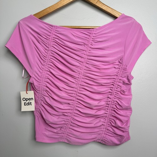Open Edit Ruched Cup Sleeve Crop Top in Pink NWT Women's Size Medium - Picture 3 of 4