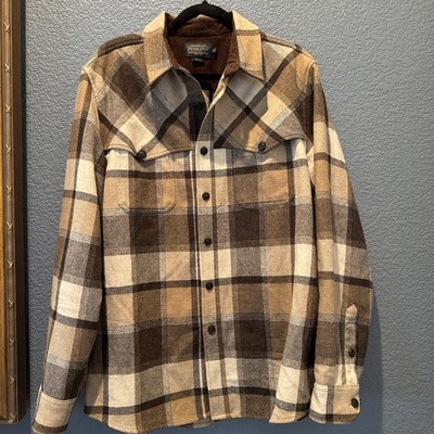 Pendleton Weston Shirt Ivory/Brown Mix Block Plaid 100% Virgin Wool XL