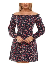 B DARLIN Womens Navy Long Sleeve Off Short Fit + Flare Dress 1314