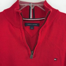 Tommy Hilfiger Men's Medium Red Quarter Zip Pullover Sweater Cotton Logo Preppy