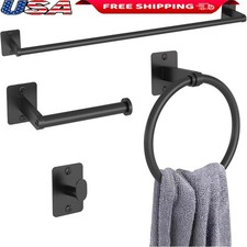 4 Piece Bathroom Hardware Set Towel Bar Toilet Paper Holder Hook Matte Black New
