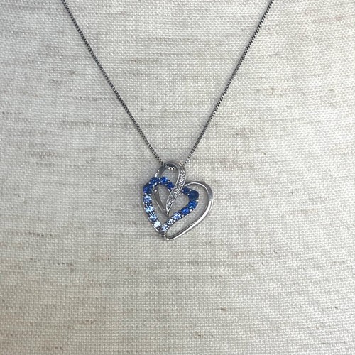 Sterling Silber 925 blau weiß Saphir Diamant offenes Herz Anhänger Halskette 18" - Bild 7 von 24