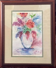 R. Mansourkhani, Bouquet Of Flowers, Original Framed Watercolor Painting,