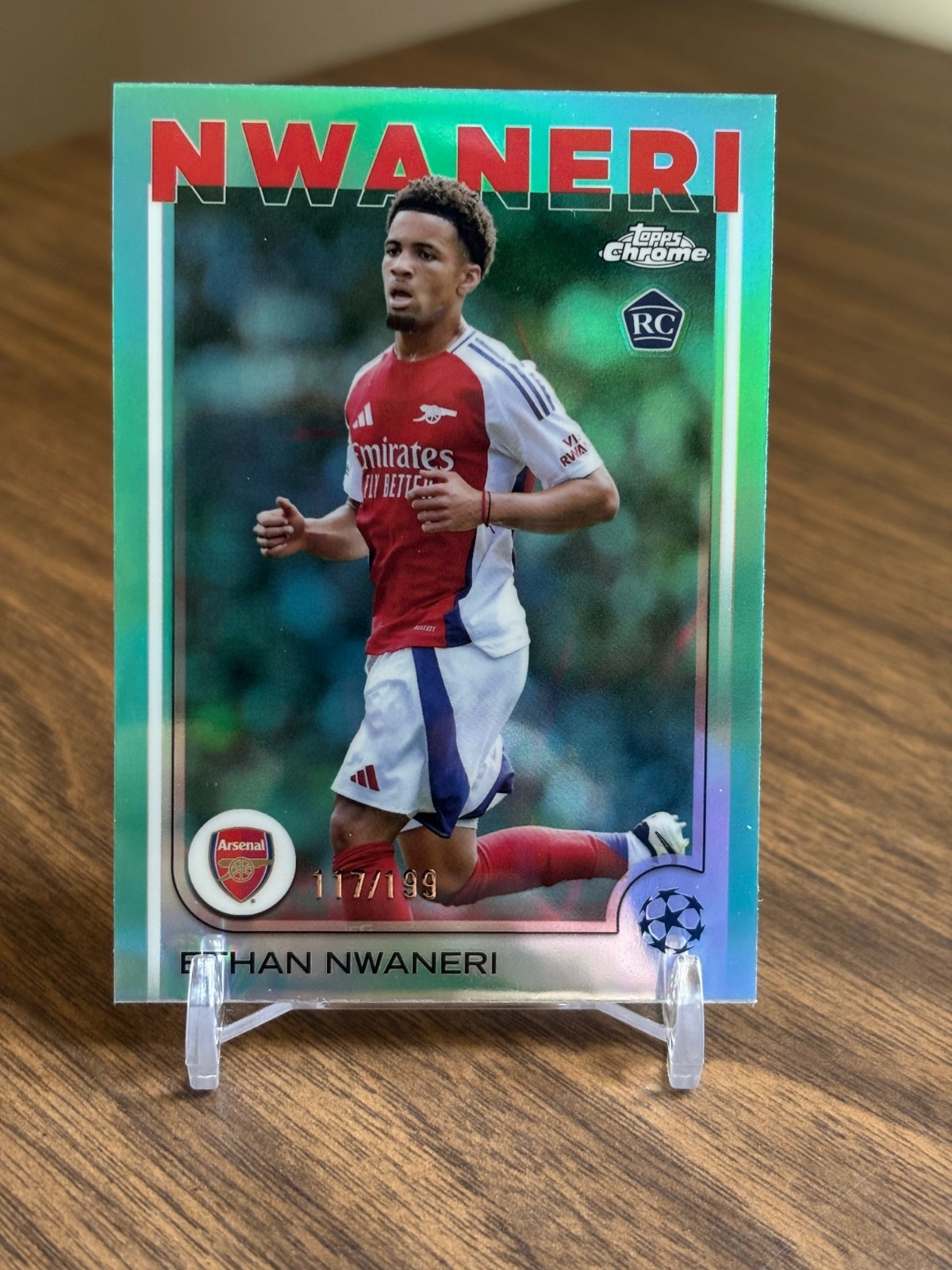 Ethan Nwaneri 2024-25 Topps Chrome UEFA UCC #158 Aqua Refractor /199 Rookie RC